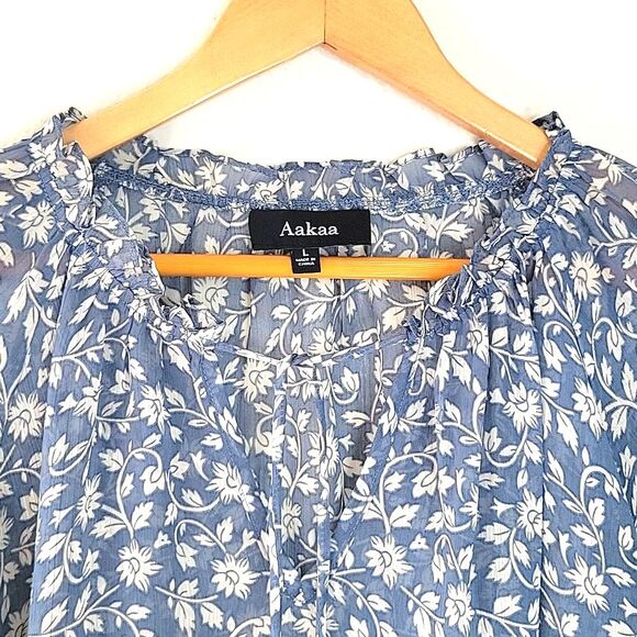 AAKAA Blue White Sheer Floral V-neck Blouse size L Loose Fitting Flowy Tassels - Picture 3 of 13